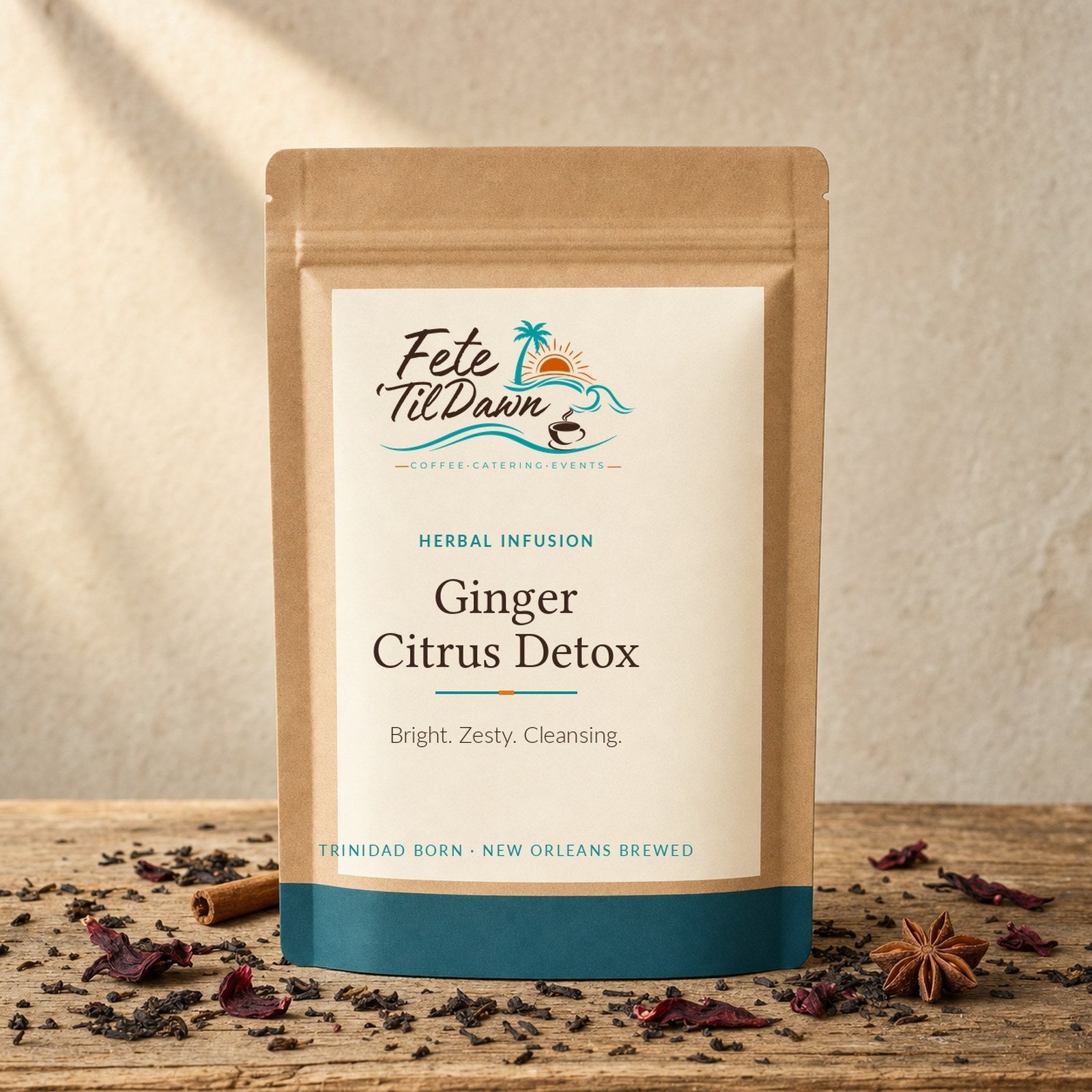 Fete 'Til Dawn Ginger Citrus Detox herbal tea pouch with loose leaf and spices