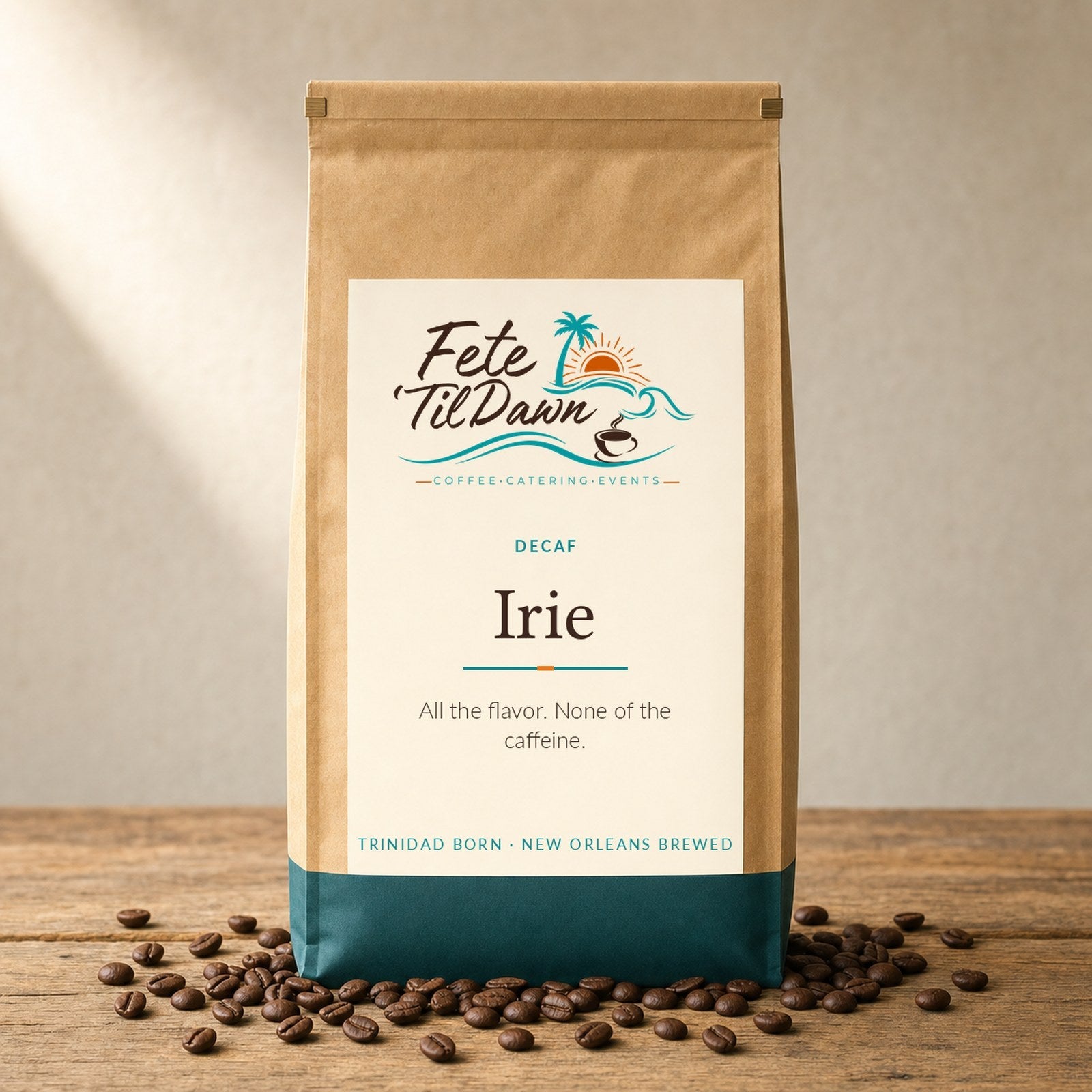Fete 'Til Dawn Irie decaf coffee in a kraft bag with roasted beans