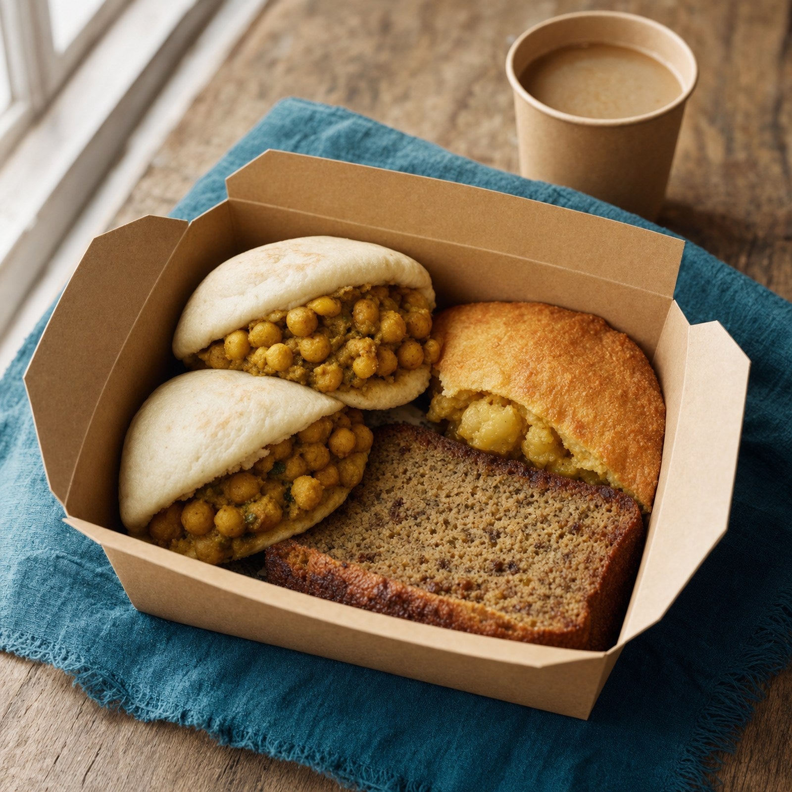 Kraft brunch box with mini doubles, aloo pie and banana bread