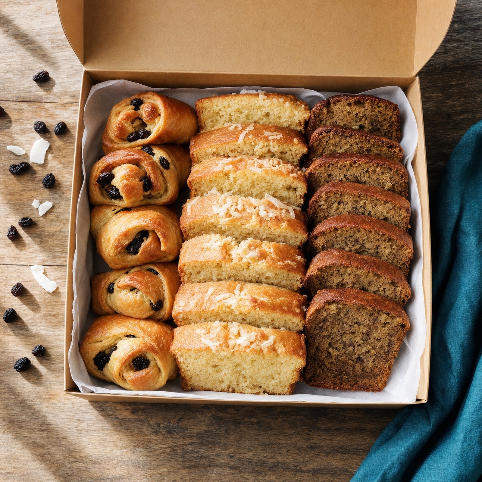 Box of currant rolls, coconut sweet bread and banana bread