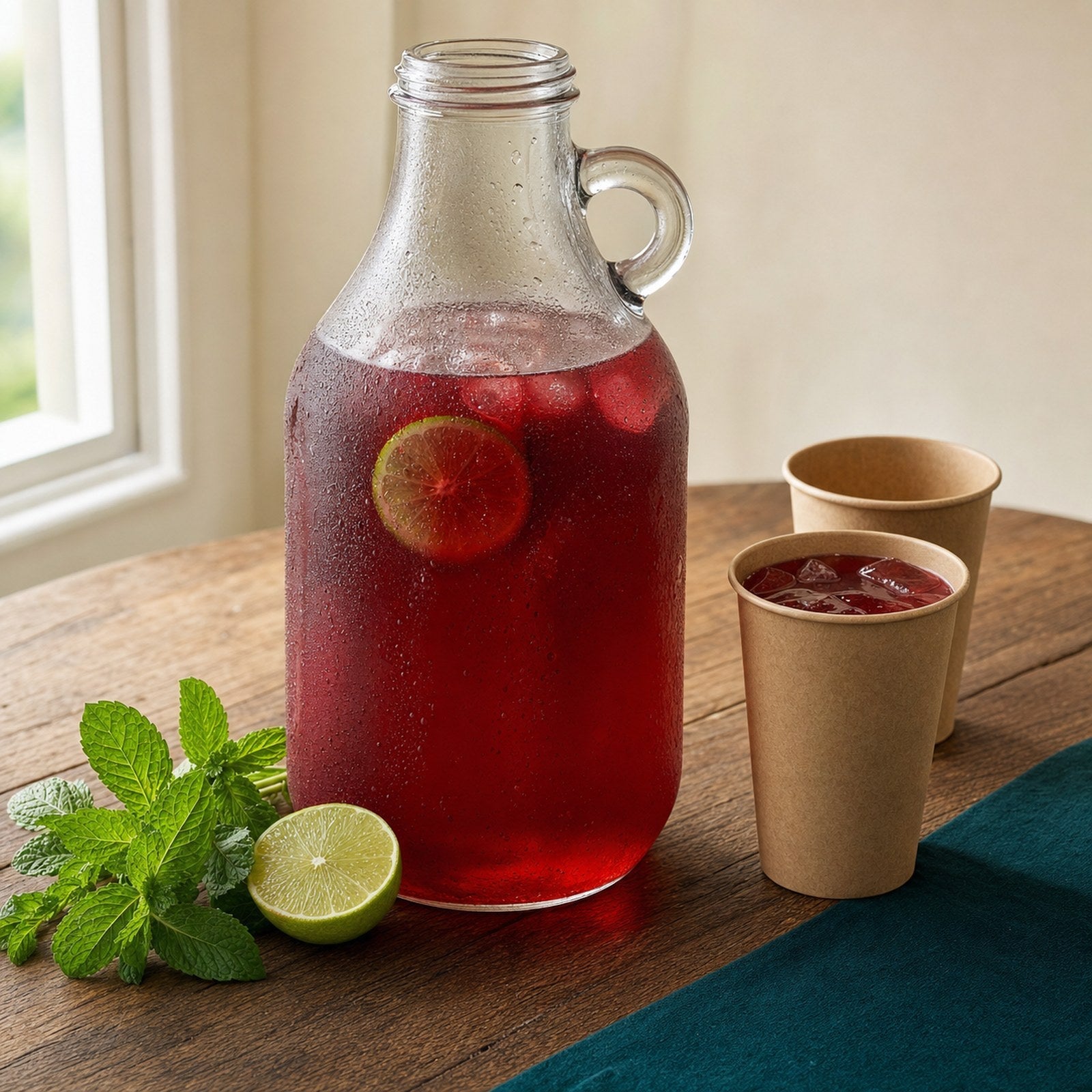 Half gallon jug of sorrel hibiscus tropical drink with kraft cups