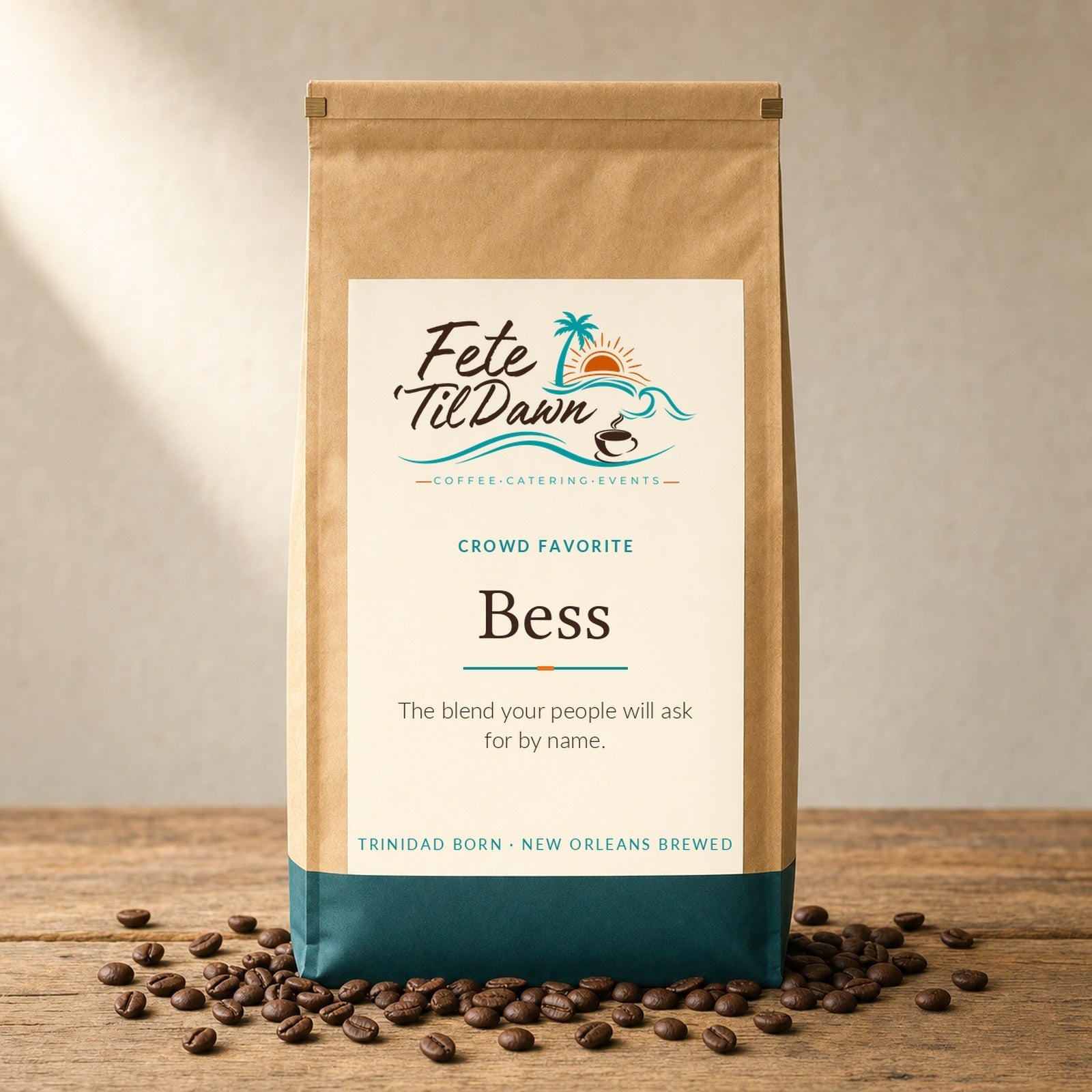Fete 'Til Dawn Bess coffee blend in a kraft bag with roasted beans