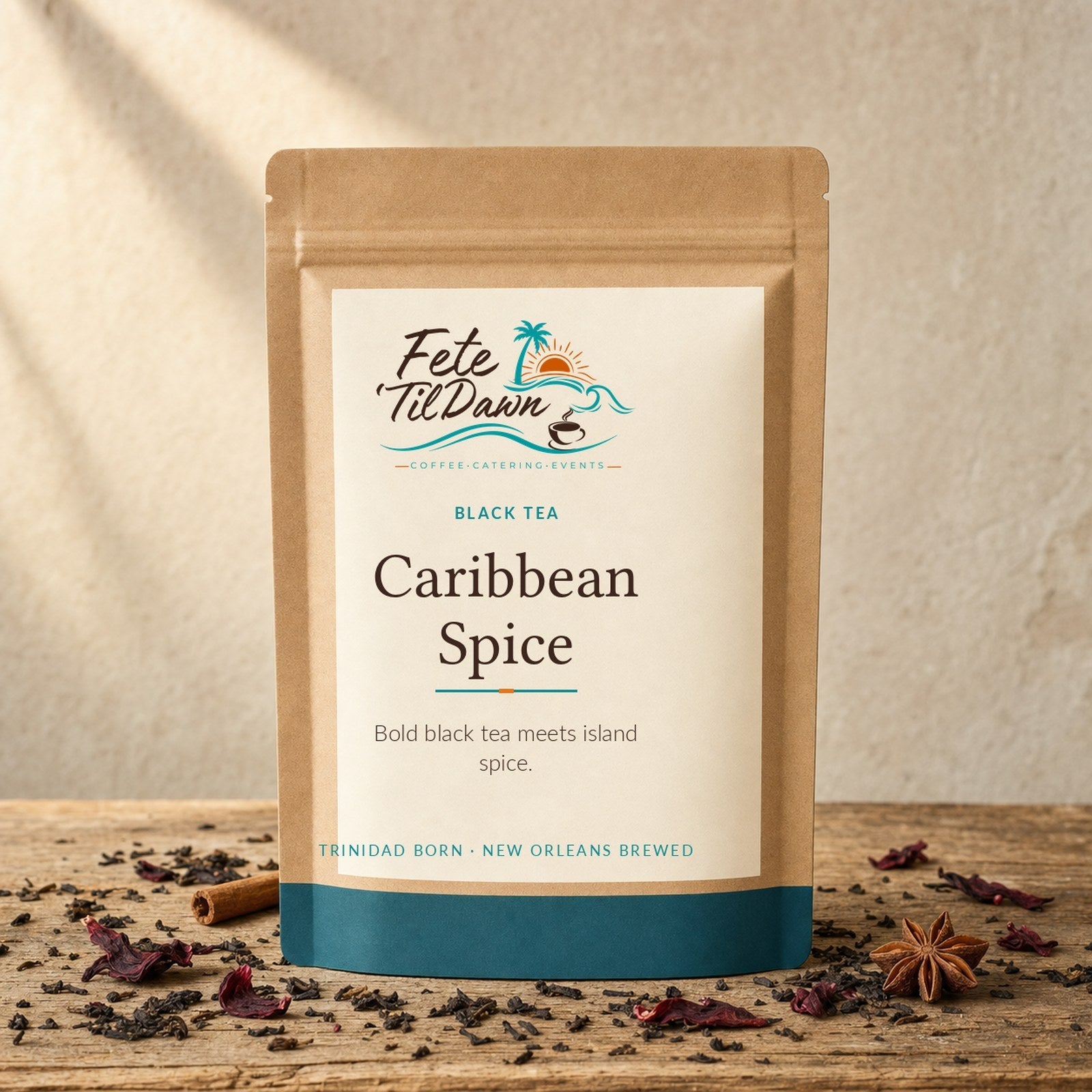 Fete 'Til Dawn Caribbean Spice black tea pouch with loose leaf and spices