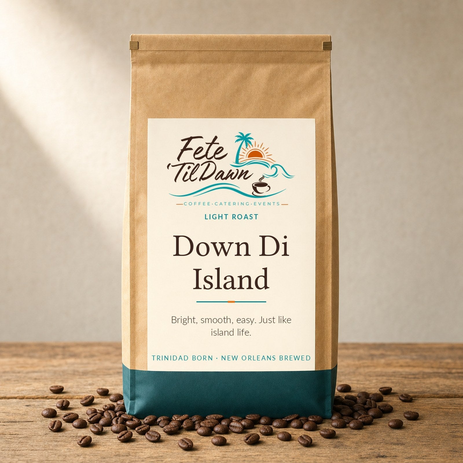 Fete 'Til Dawn Down Di Island light roast coffee in a kraft bag with roasted beans