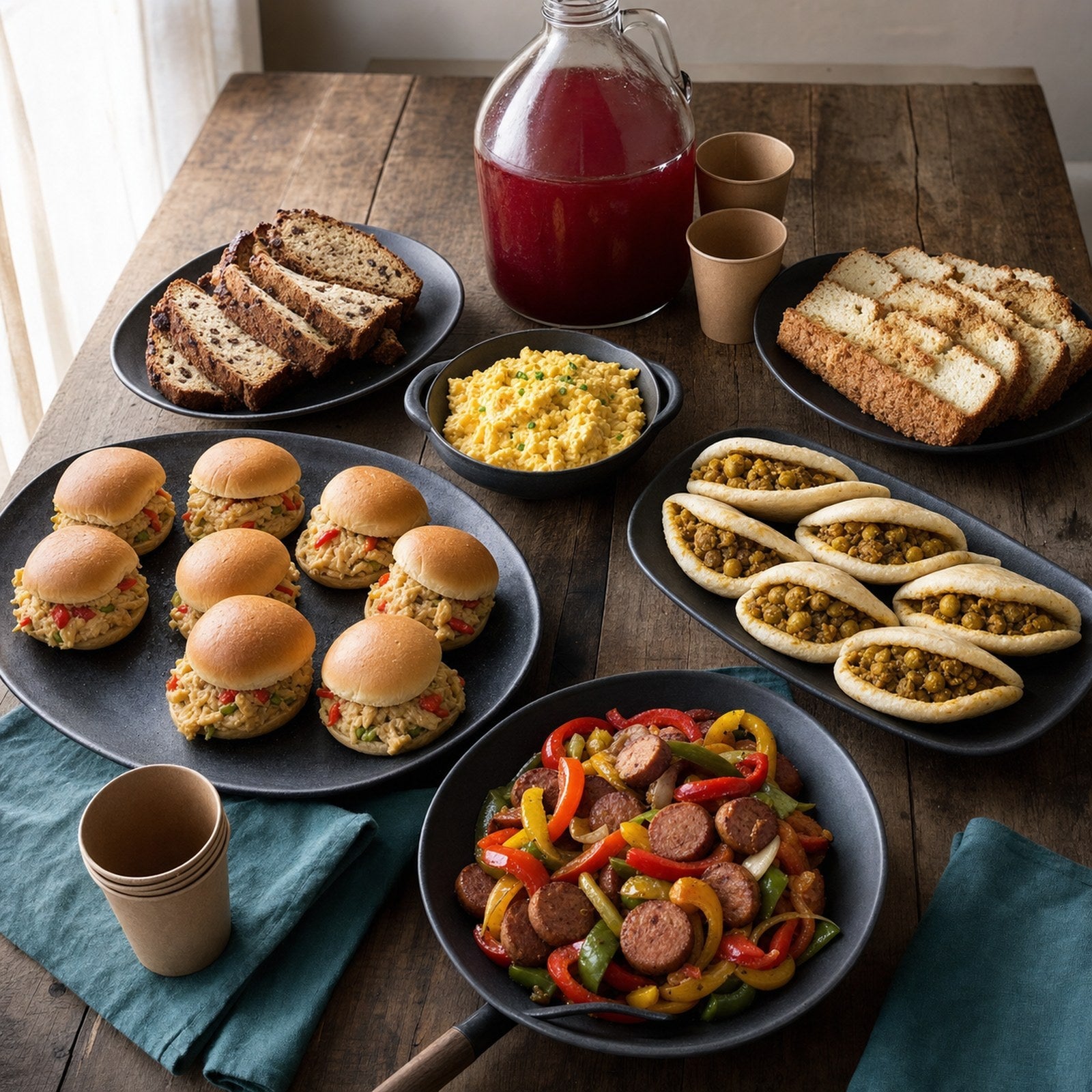 Full brunch spread of savory and sweet Caribbean dishes with a drink jug