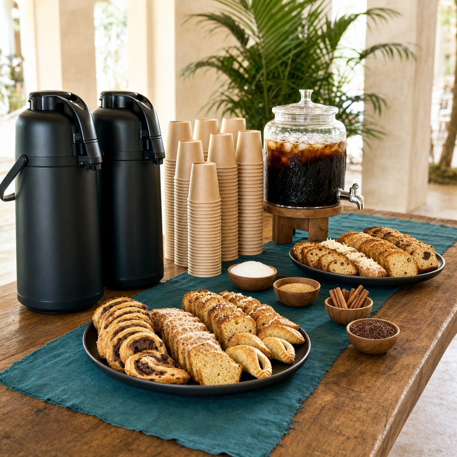 Full service pop-up coffee bar with airpots, cold brew, cups and pastries