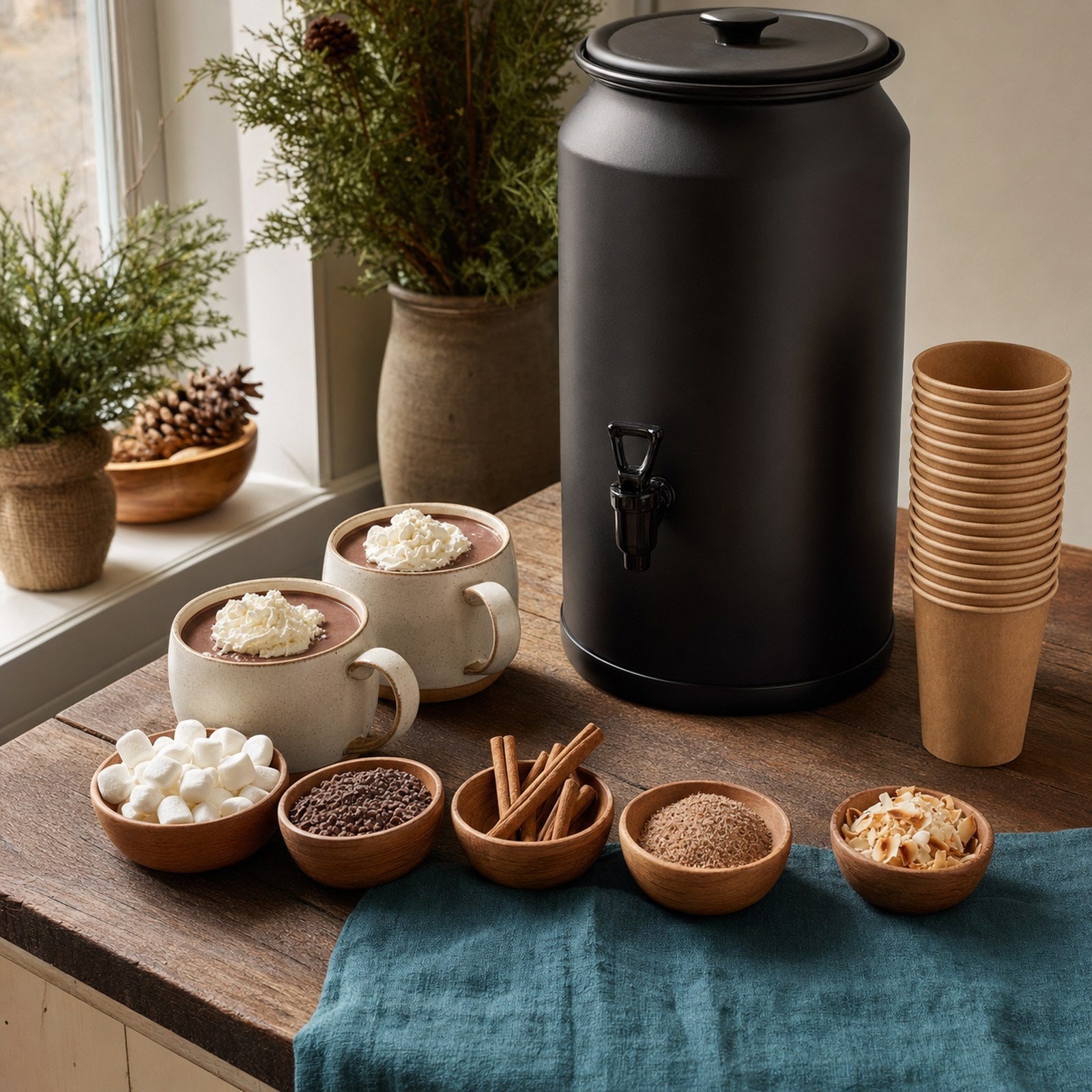 Hot chocolate bar setup with toppings, spices, mugs and dispenser