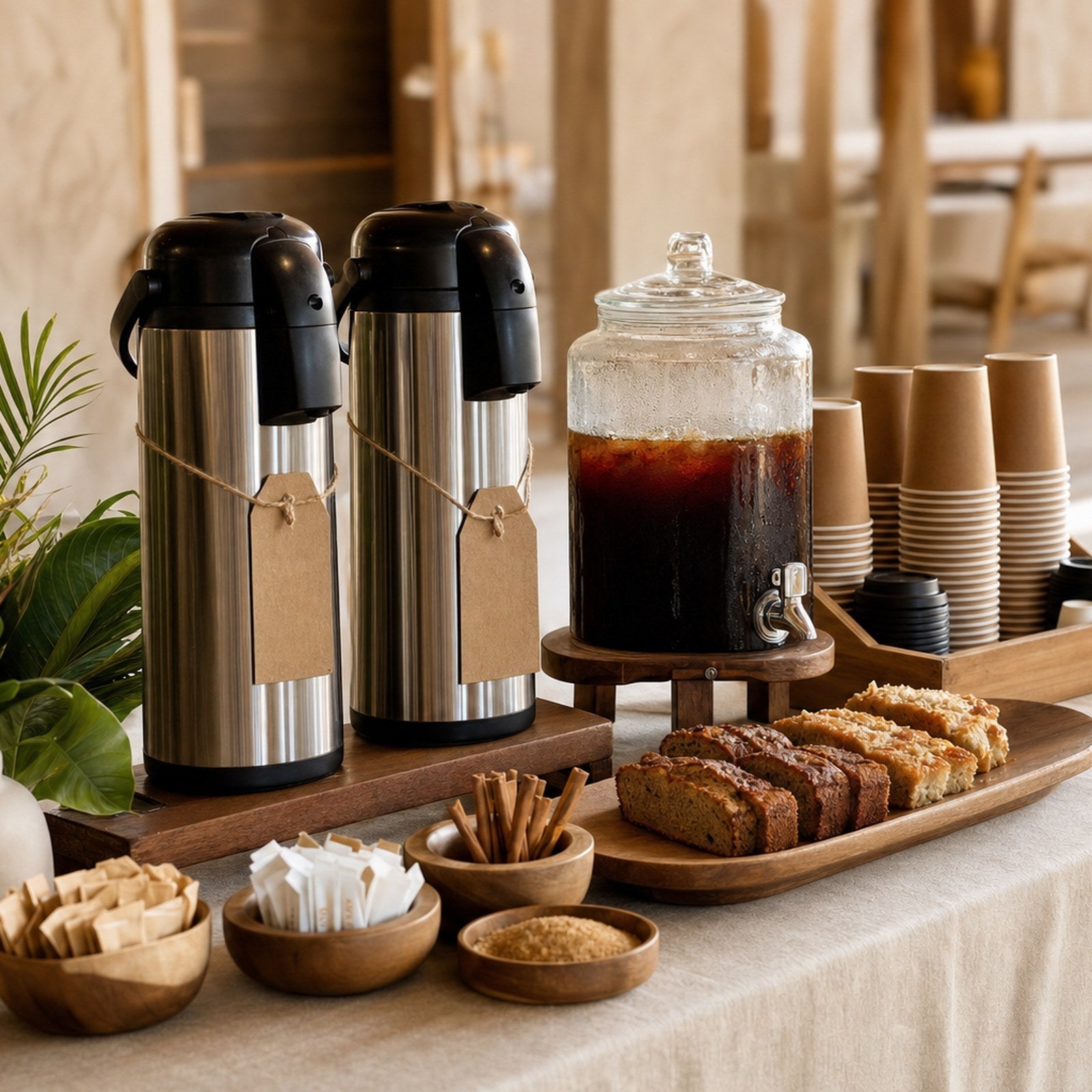 Pop-up coffee bar setup with airpots, cold brew dispenser, kraft cups and pastries