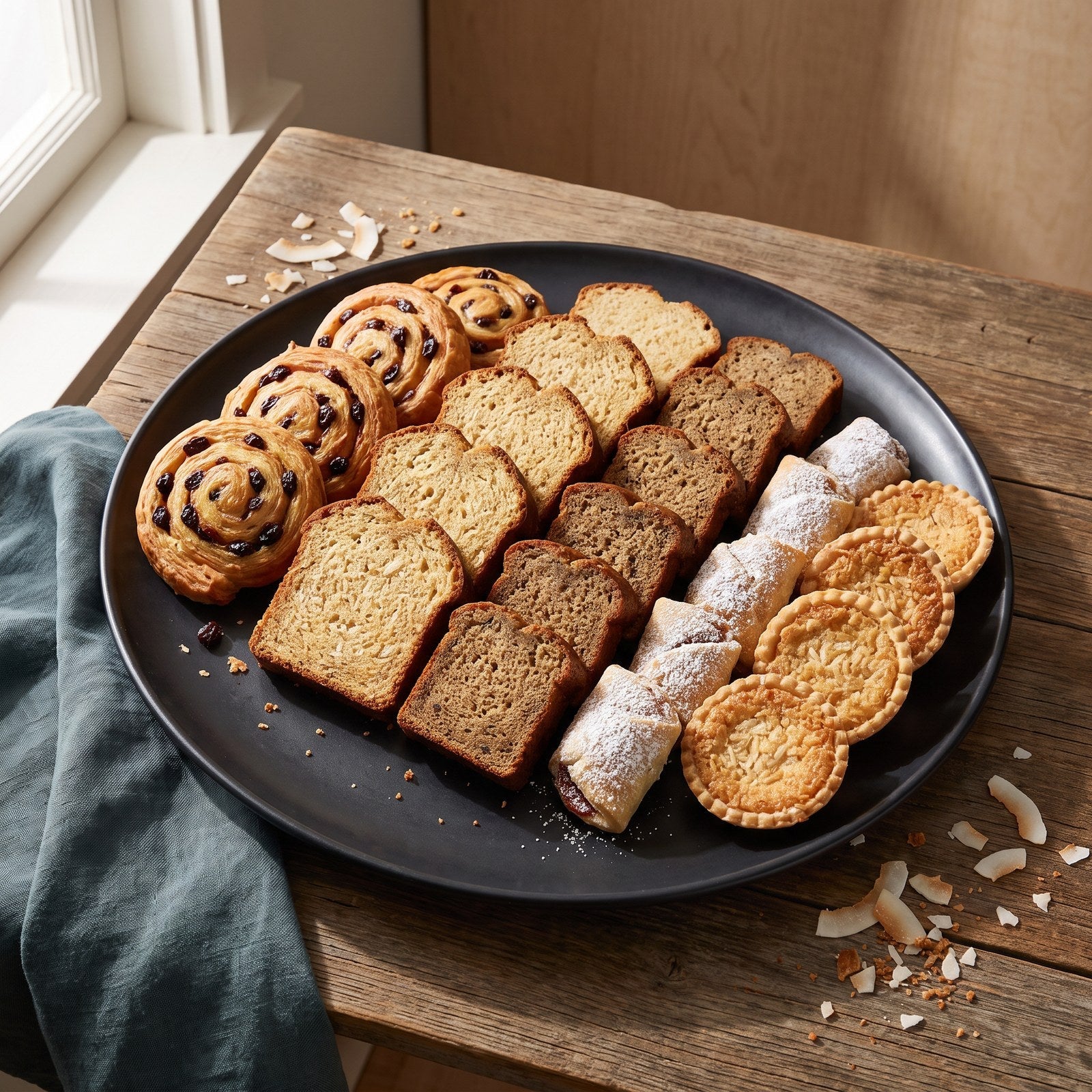 Caribbean pastry tray with sweet bread, banana bread and coconut pastries