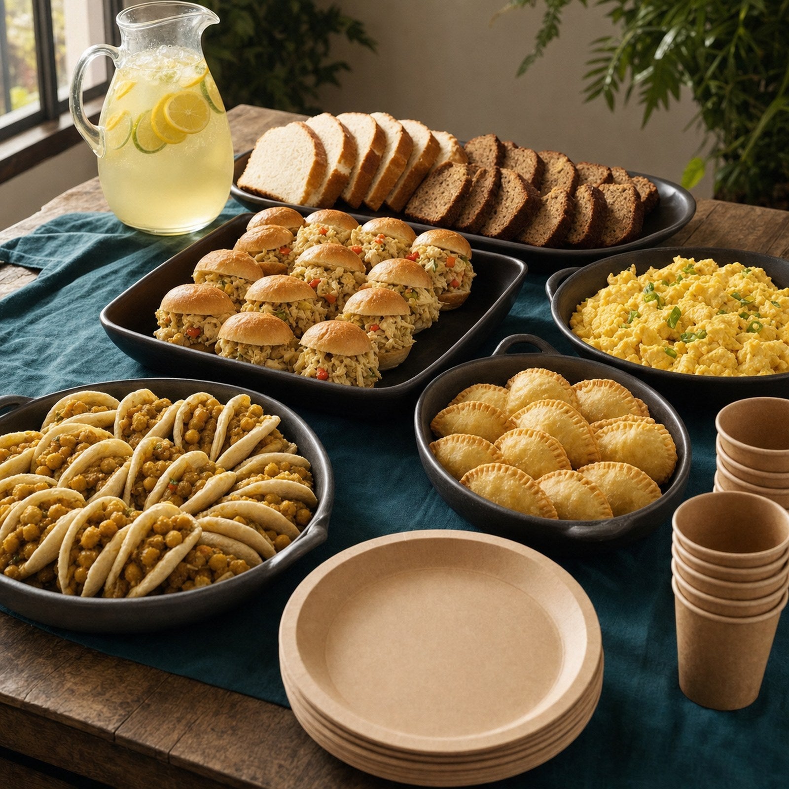 Island sunrise brunch spread with savory and sweet items and lemonade