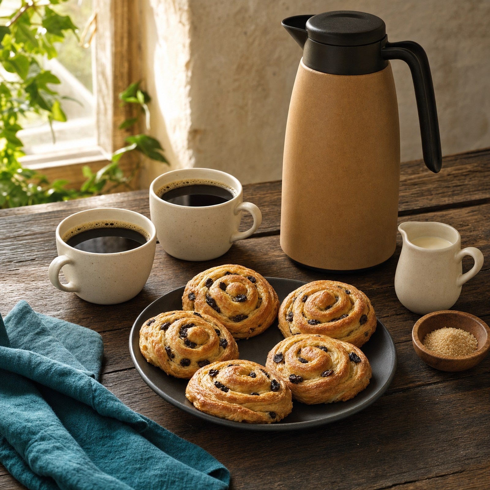 Island style brewed coffee with currant rolls for a morning meeting