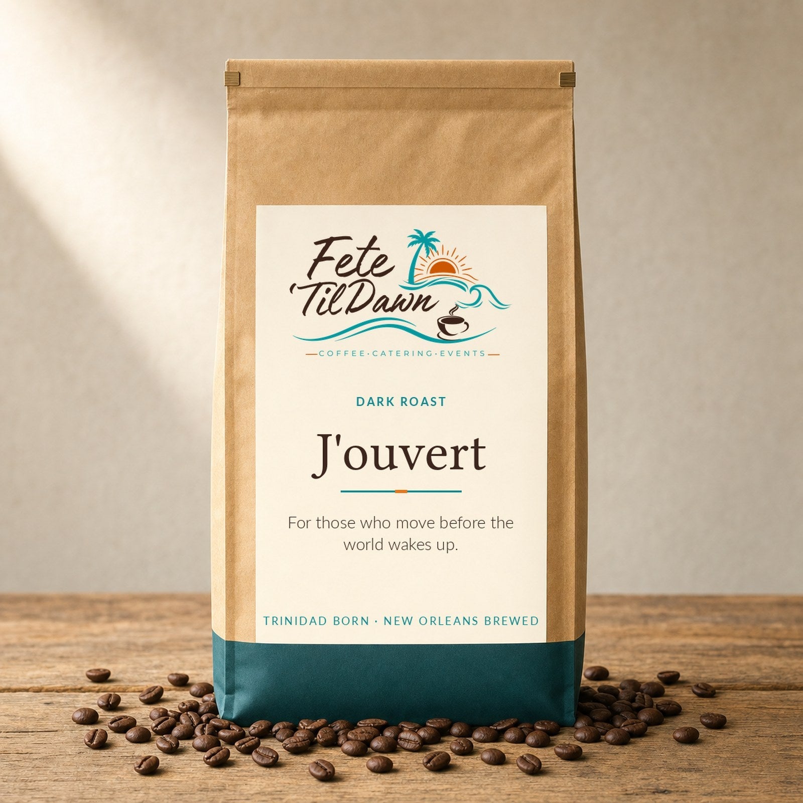 Fete 'Til Dawn J'ouvert dark roast coffee in a kraft bag with roasted beans