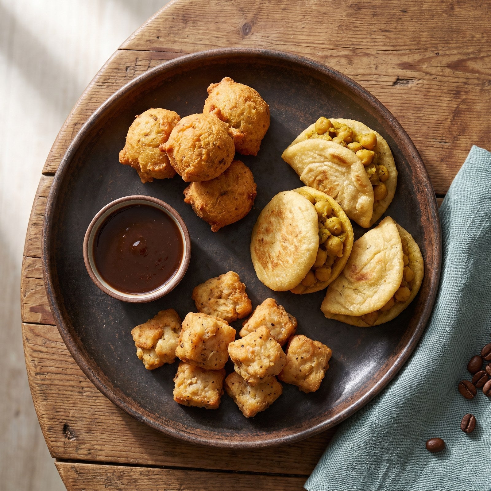 Trini finger food tray with pholourie, mini doubles and bake and saltfish bites