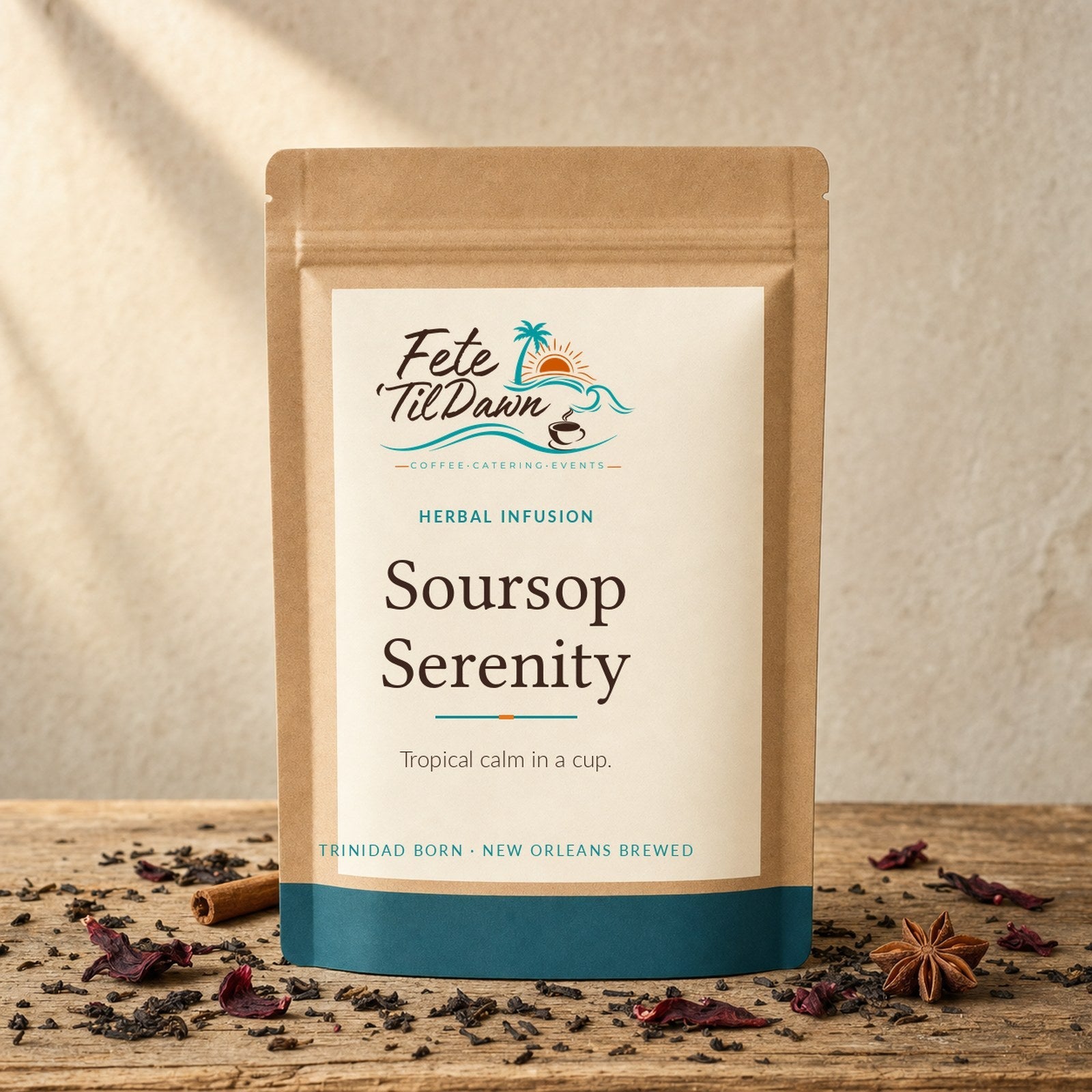 Fete 'Til Dawn Soursop Serenity herbal tea pouch with loose leaf and petals