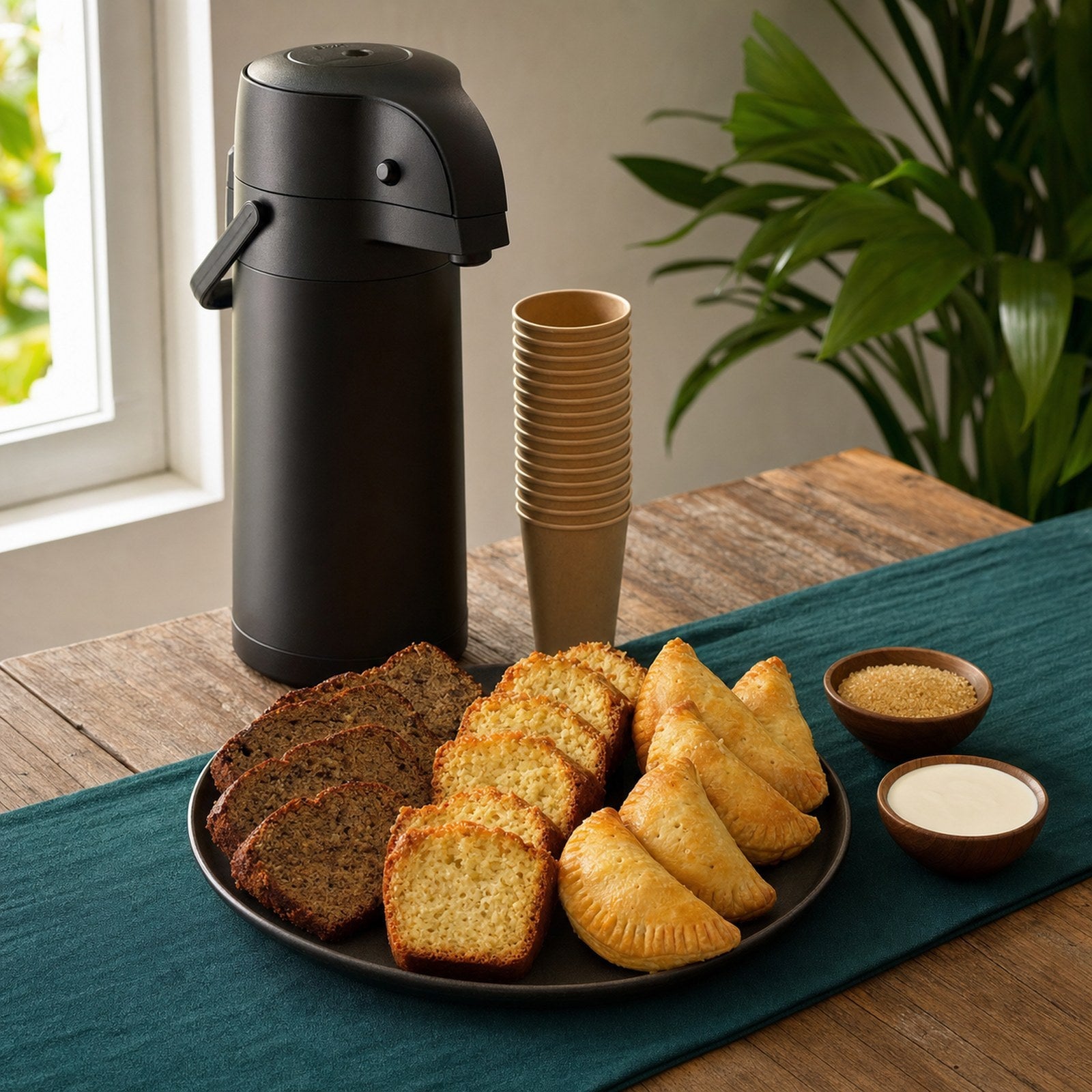 Brewed coffee airpot with banana bread and sweet bread pastries