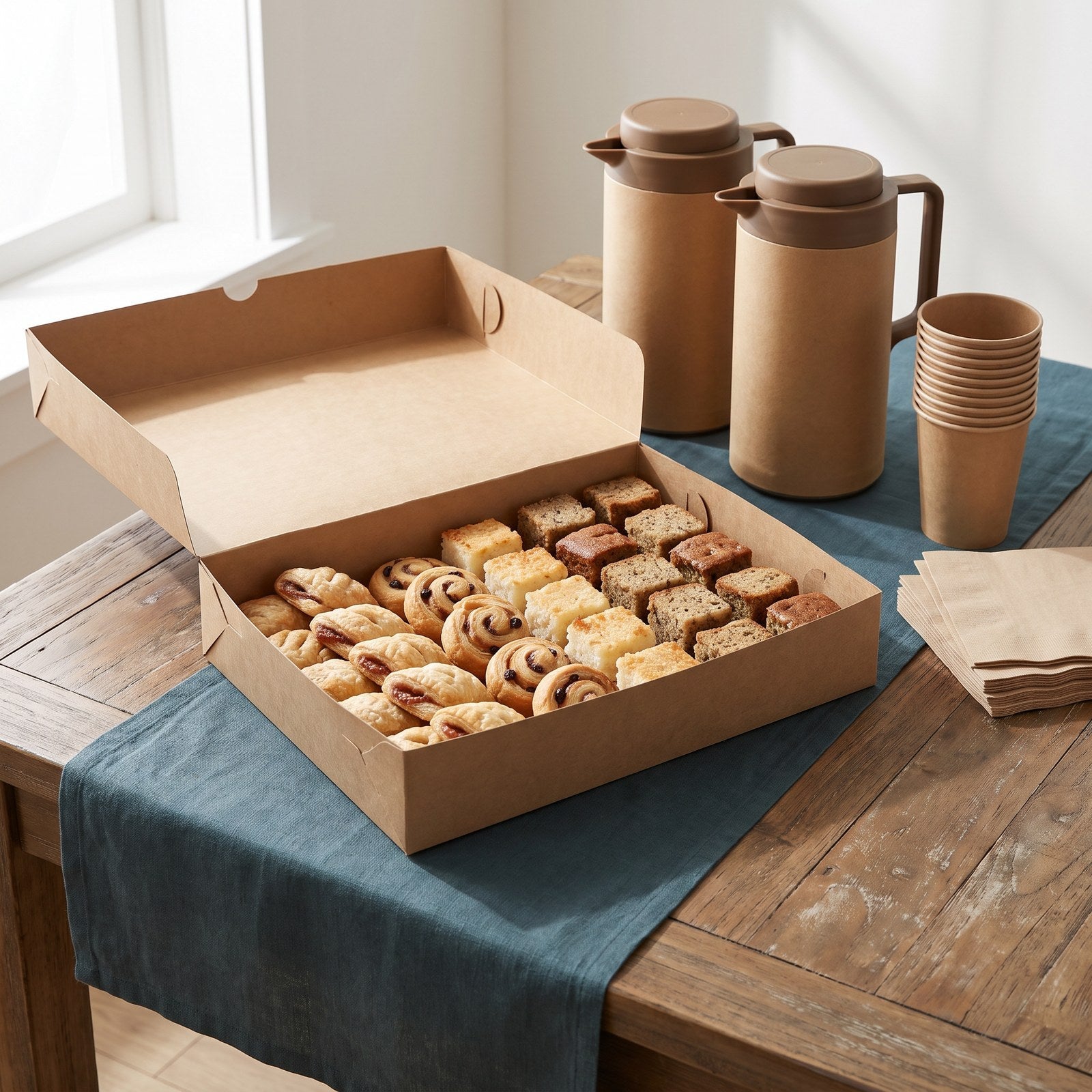 Breakfast catering box of mini pastries with coffee jugs and cups
