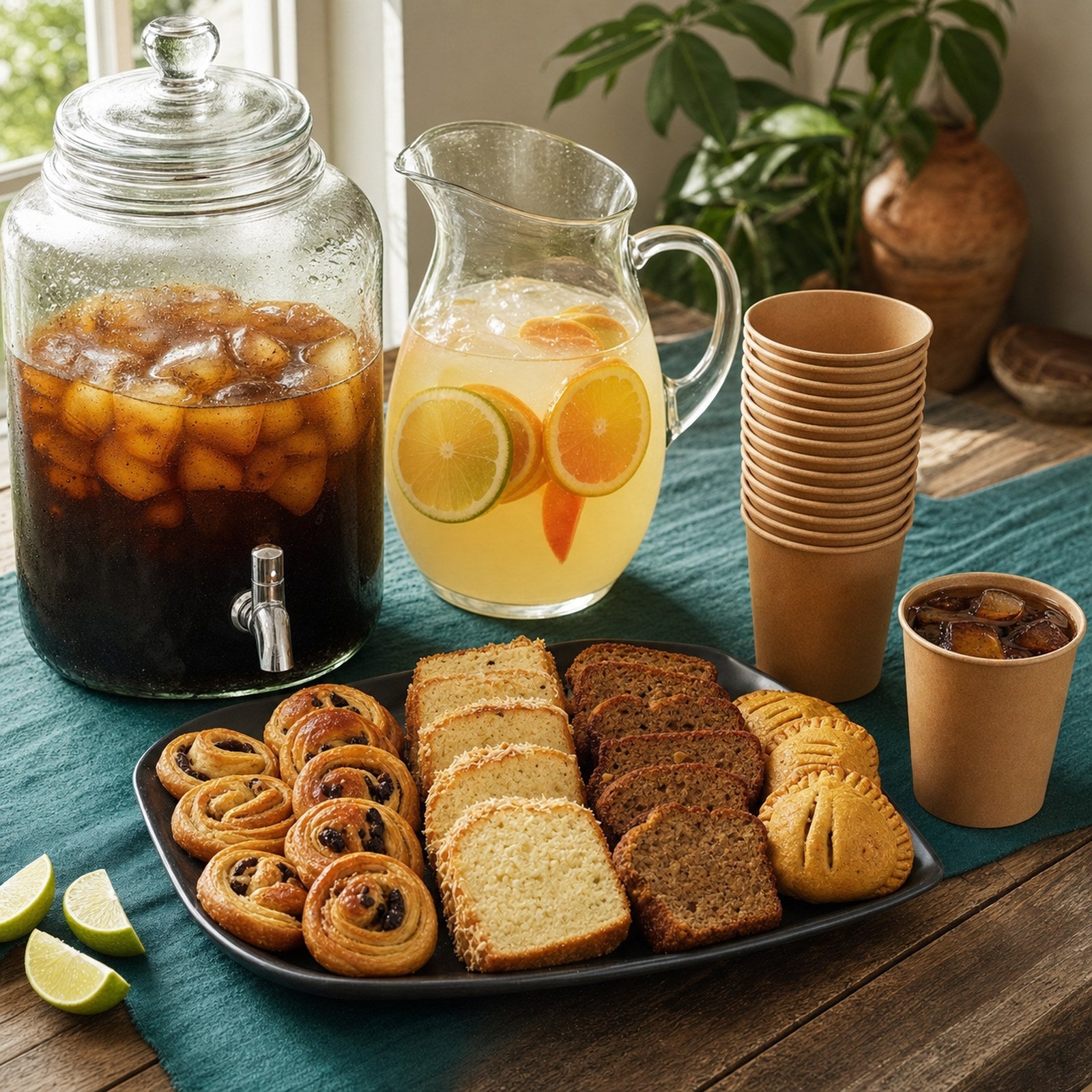 Cold brew dispenser with tropical lemonade and mini pastries