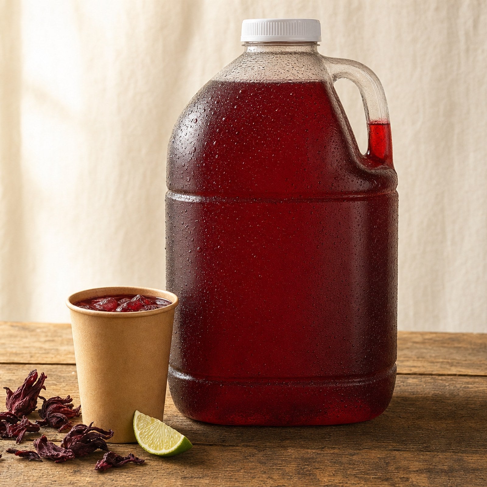 One gallon jug of chilled sorrel hibiscus tropical drink with a kraft cup and lime