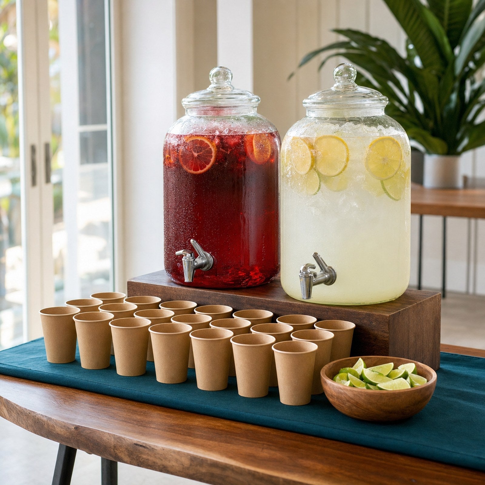 Tropical drink station with sorrel and lemonade dispensers and kraft cups
